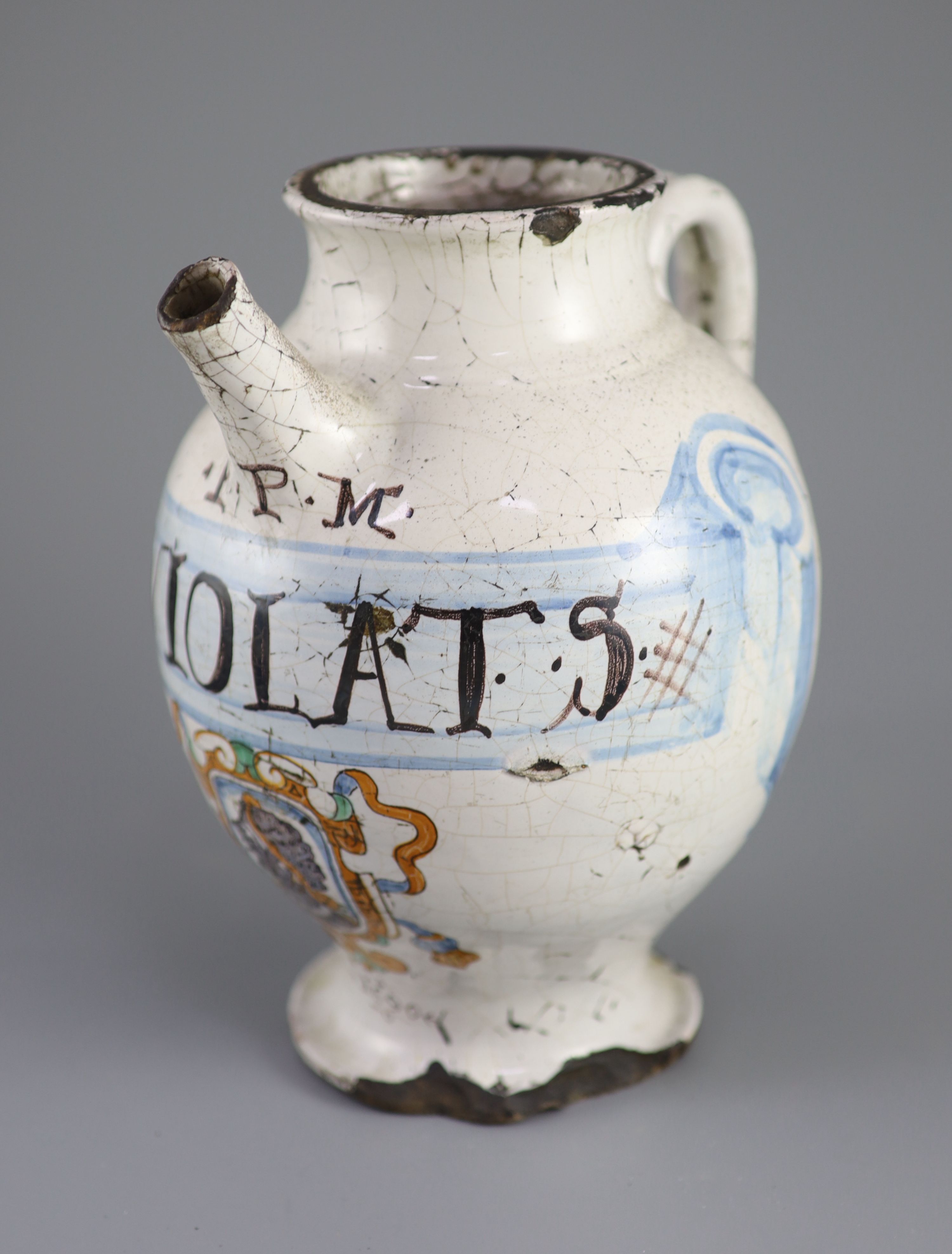 An Italian maiolica wet drug jar, Savona, late 17th century, 22.5cm high, faults